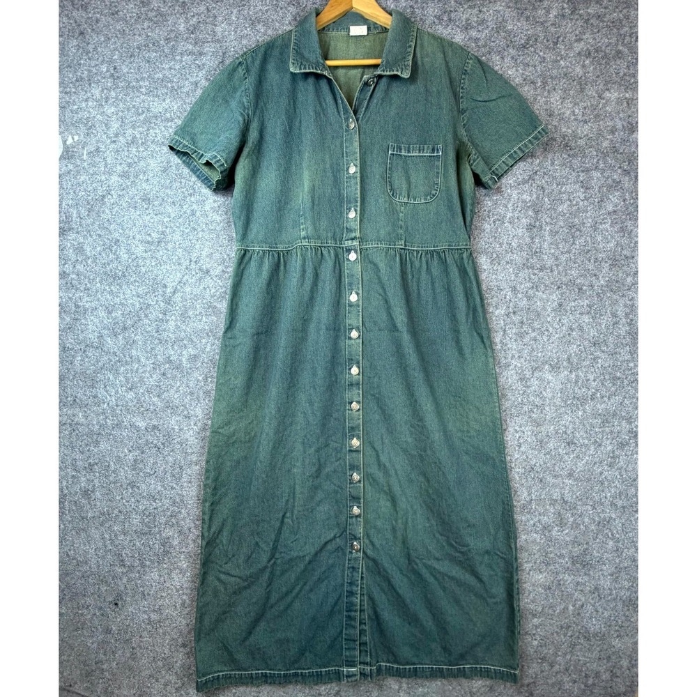 Vintage 90s You and Me Shirt Dress Women 16 Blue Denim Short Sleeve Button Front